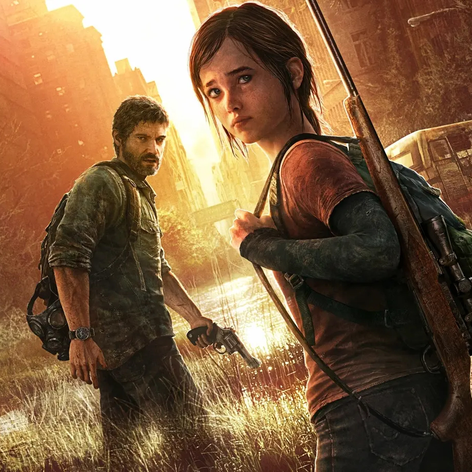 The sun shines over apartment buildings in an abandoned city. Joel holds a revolver, a gasmask attached to his backpack, and Ellie has a rifle slung over one shoulder.